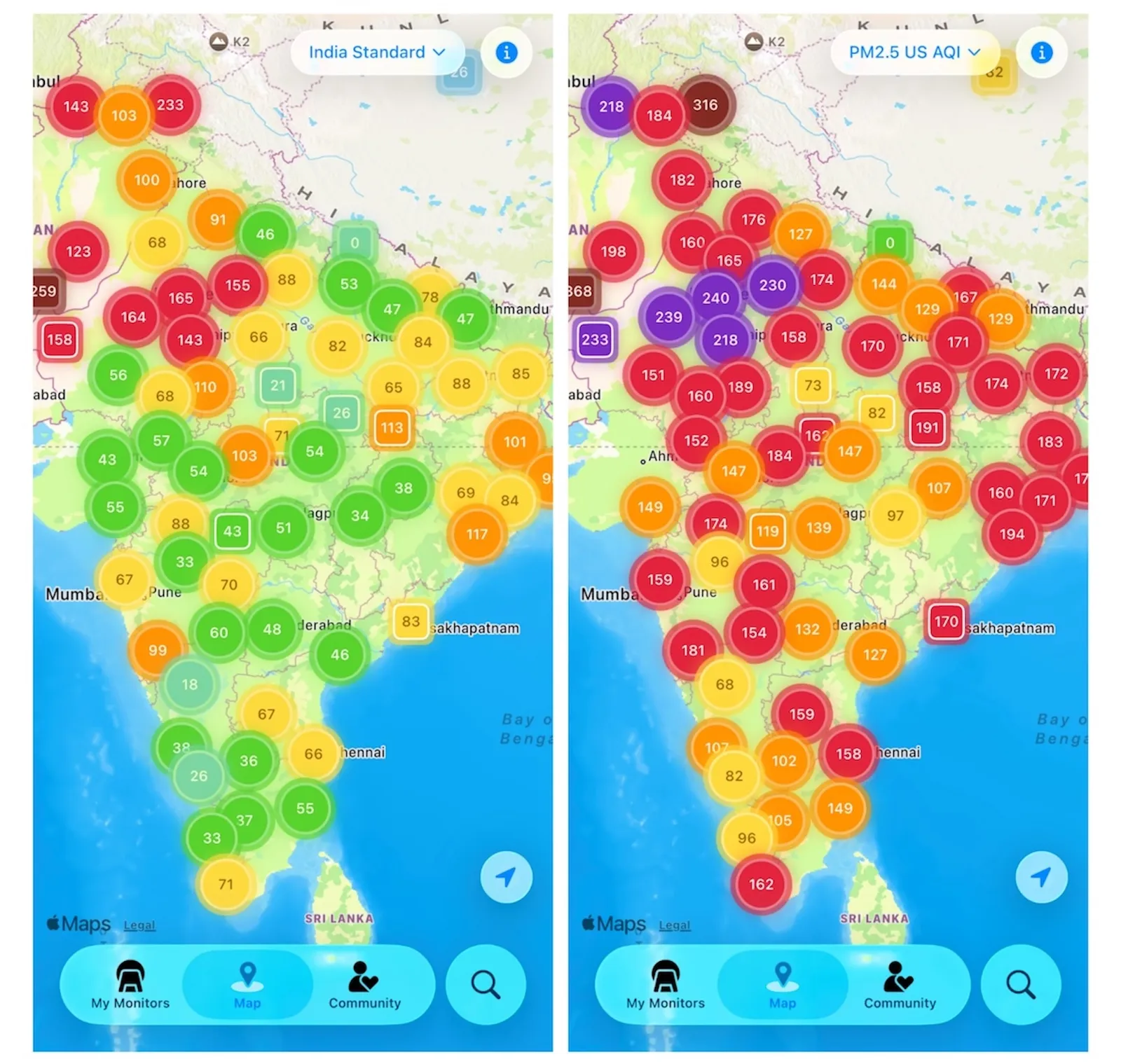 India’s NAQI (left) vs. US AQI (right)