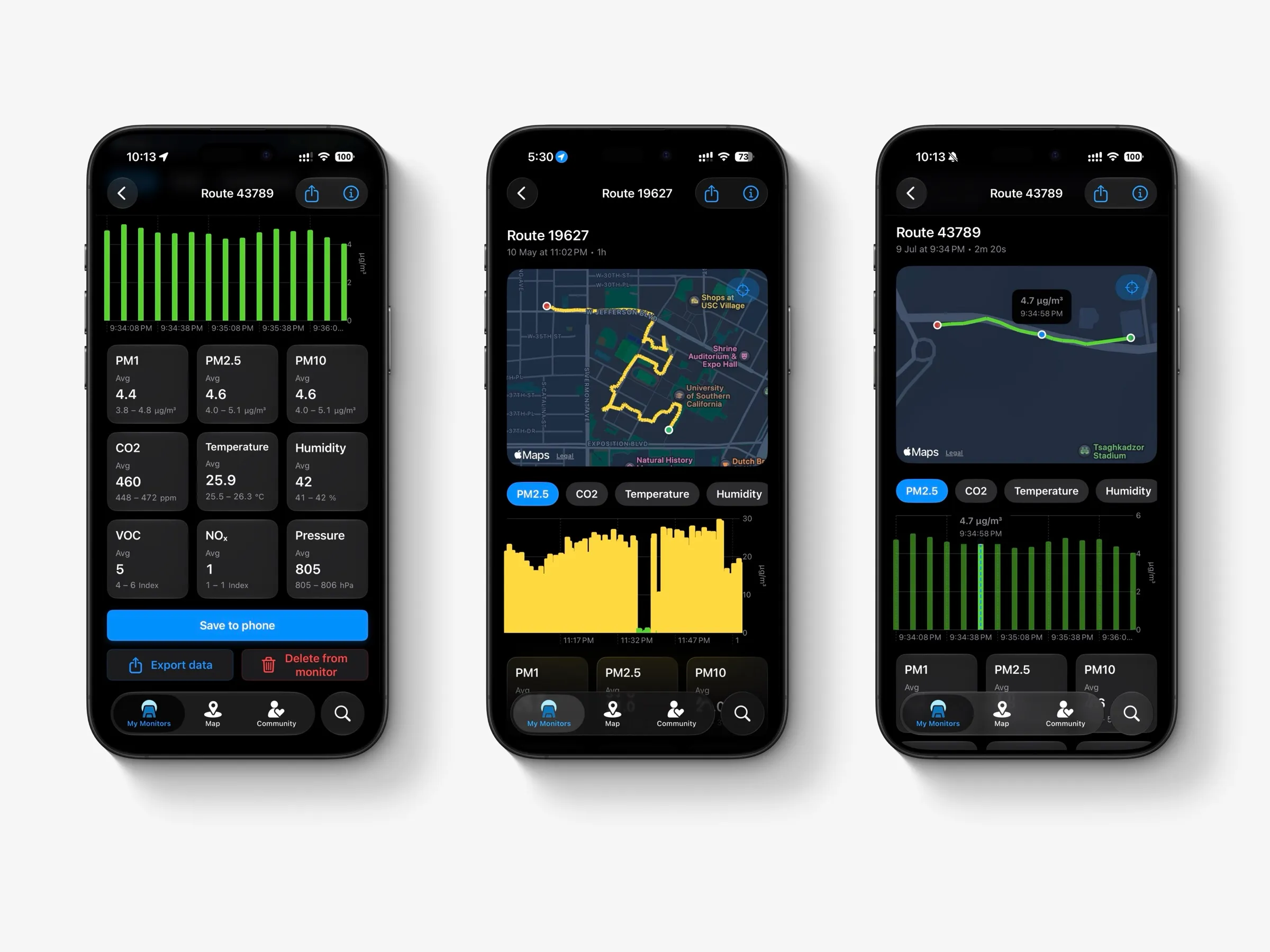 AirGradient Go app screens showing live readings, route map and exposure timeline
