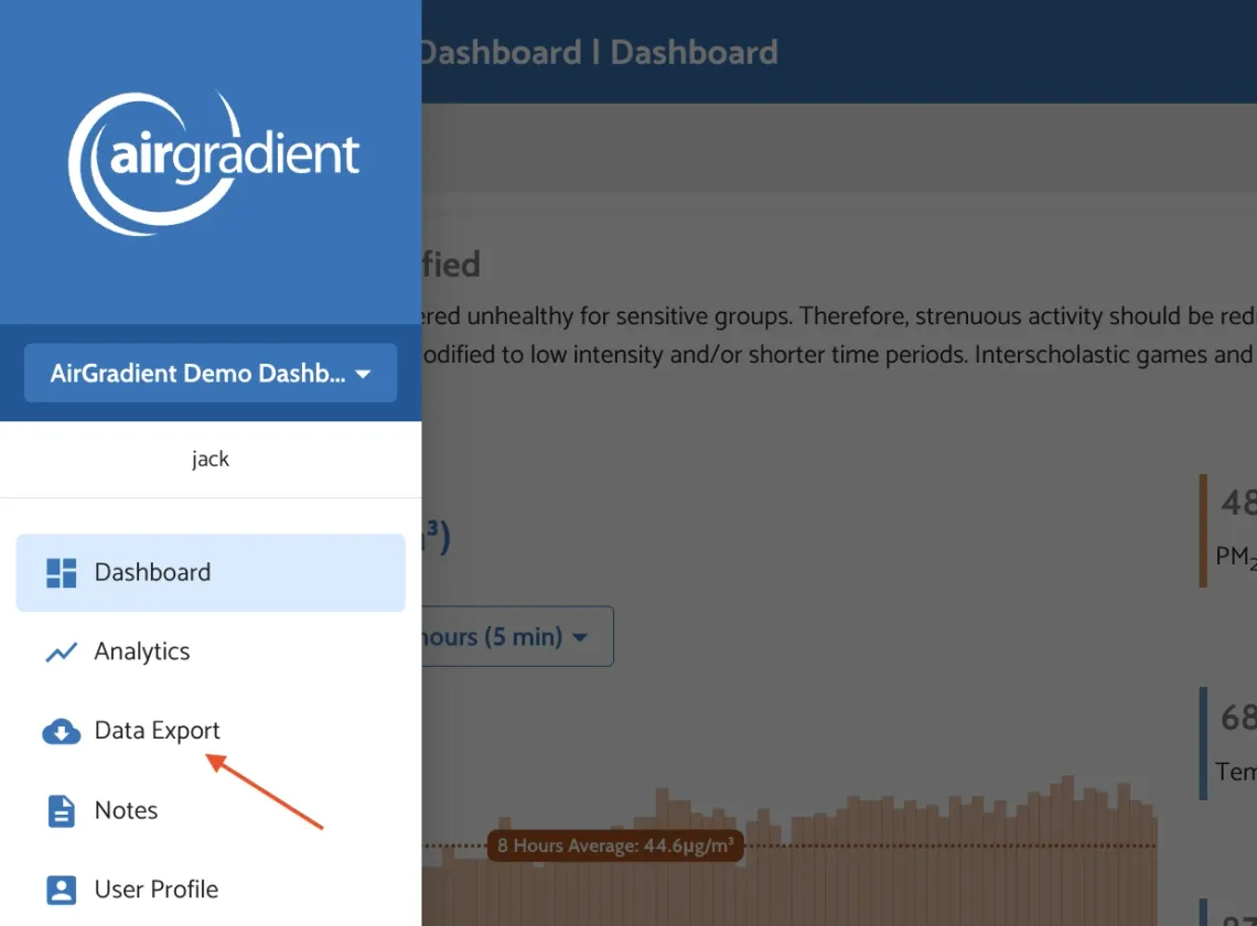 data export menu item