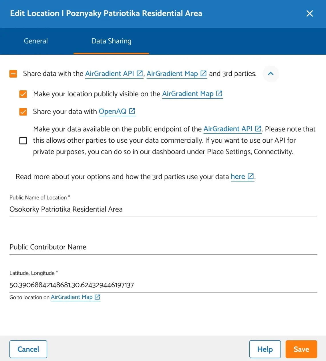 Filled up form on ‘Data Sharing’ tab