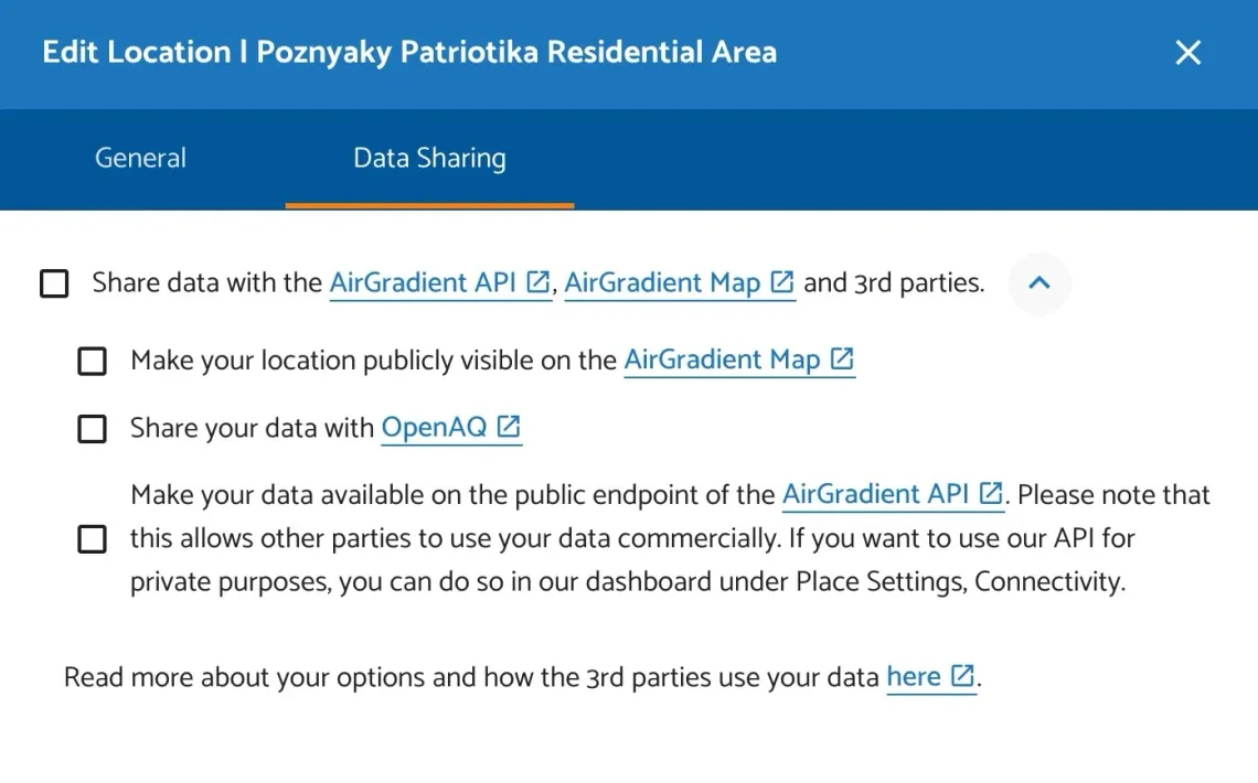 Sharing options on ‘Data Sharing’ tab